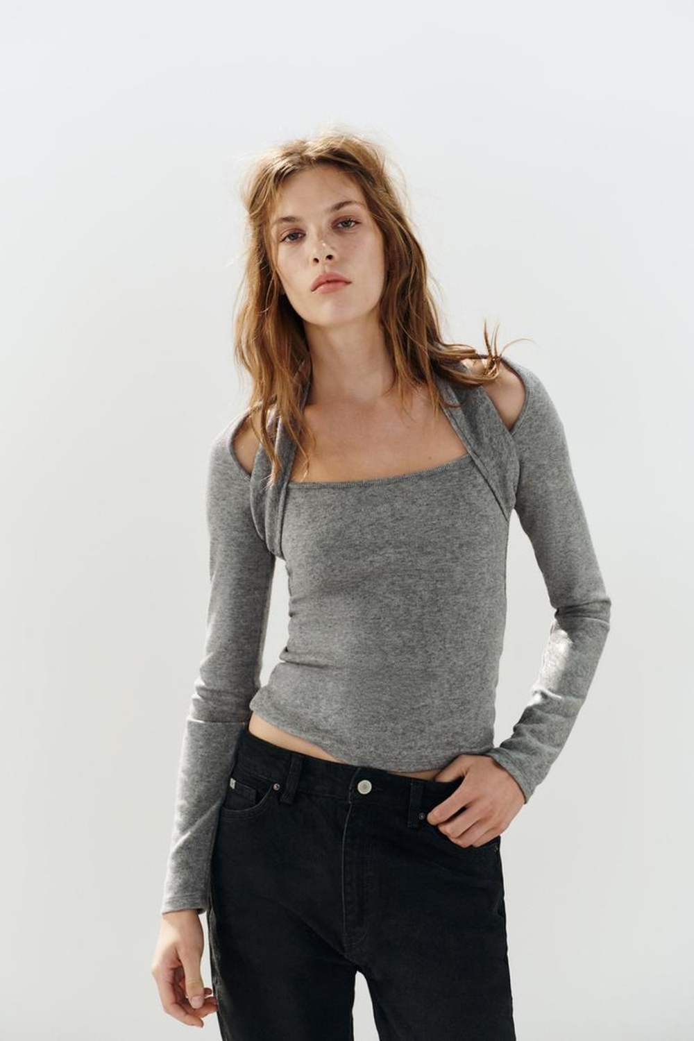 ZARA ТОП С ГОРЛОВИНОЙ ХАЛТЕР, СЕРЫЙ МЕЛАНЖ