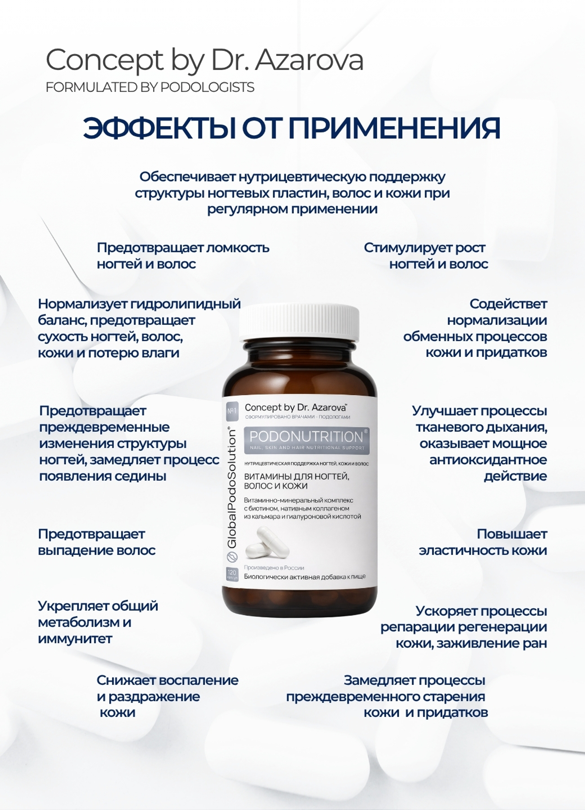 PODONUTRITION® - Витамины для ногтей, волос и кожи, 120 капсул