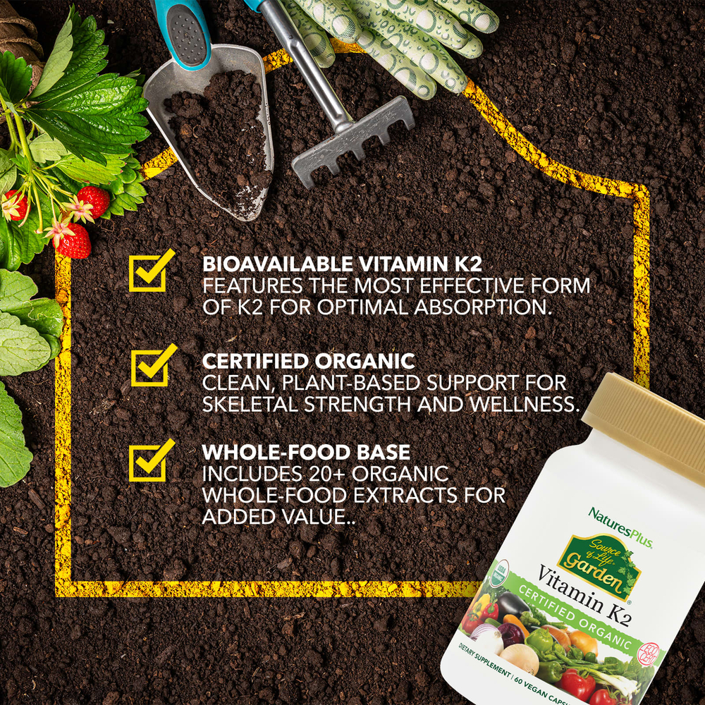 NaturesPlus, Source of Life® Garden, витамин K2, 60 веганских капсул