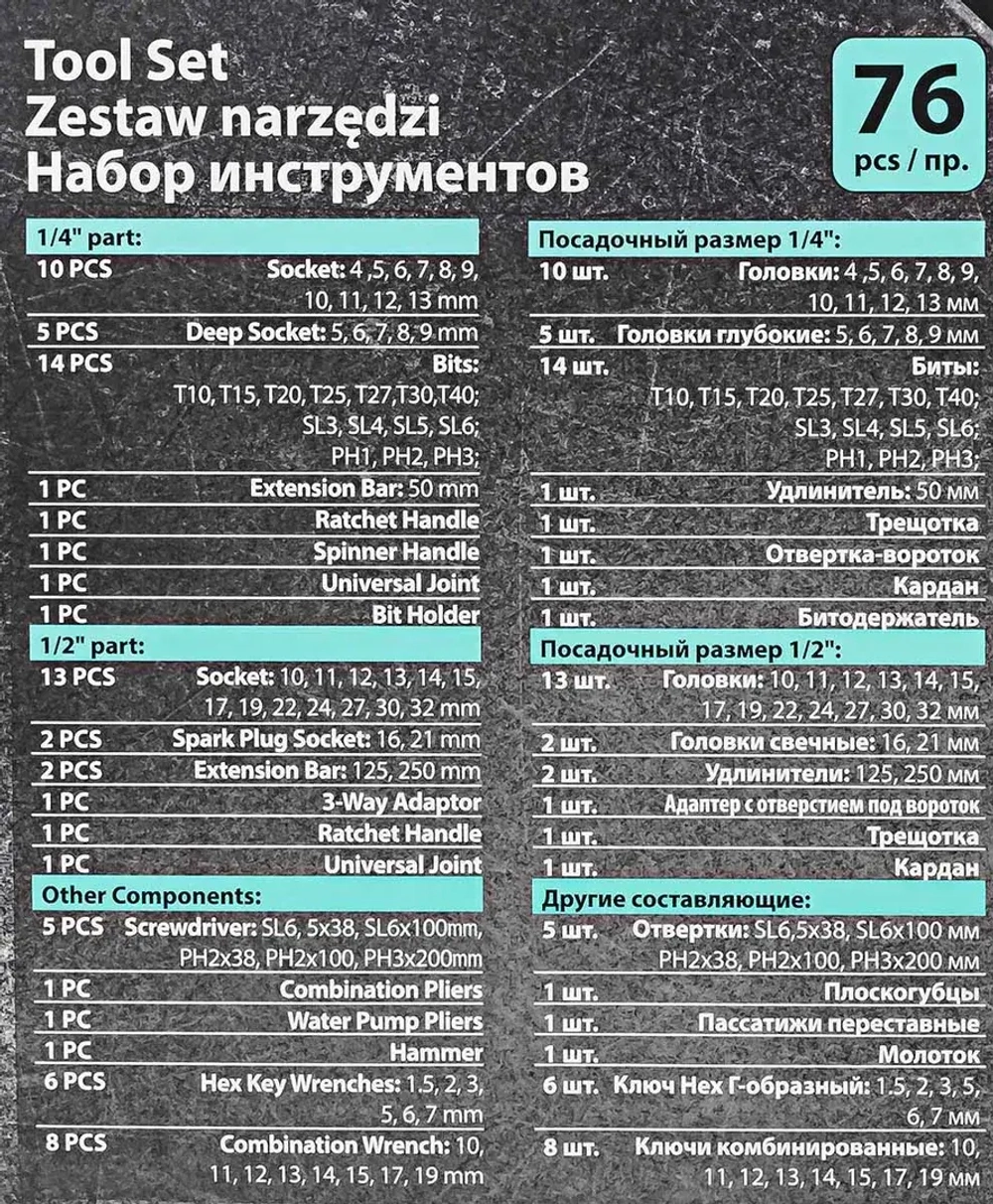 Набор инструментов PROFI 76пр. 1/4'',1/2''(6гр)(4-32мм) MAMEDFORCE MF-4772-5