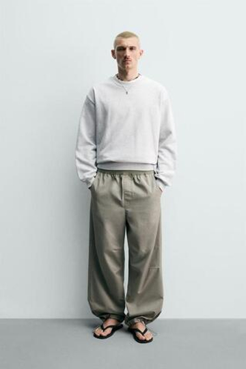ZARA БРЮКИ-ПАРАШЮТ RELAXED FIT, СВЕТЛЫЙ ХАКИ
