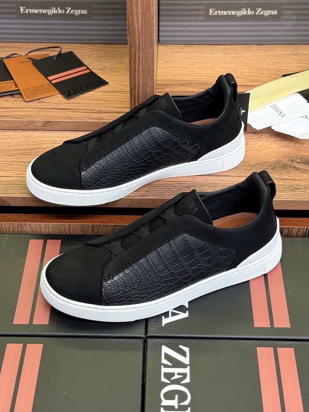 Кеды Zegna Triple Stitch с вставками кожи крокодила