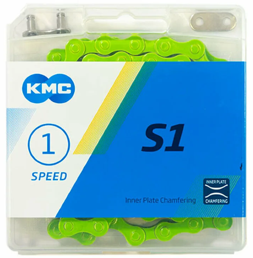 Цепь KMC S1 для 1 скорости, 1/2"х1/8", 112 звеньев, пин 8.7мм, с замком, зеленая