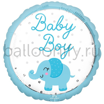 Фольгированная фигура, круг, BABY BOY Слоник голубой S40,18"/46СМ