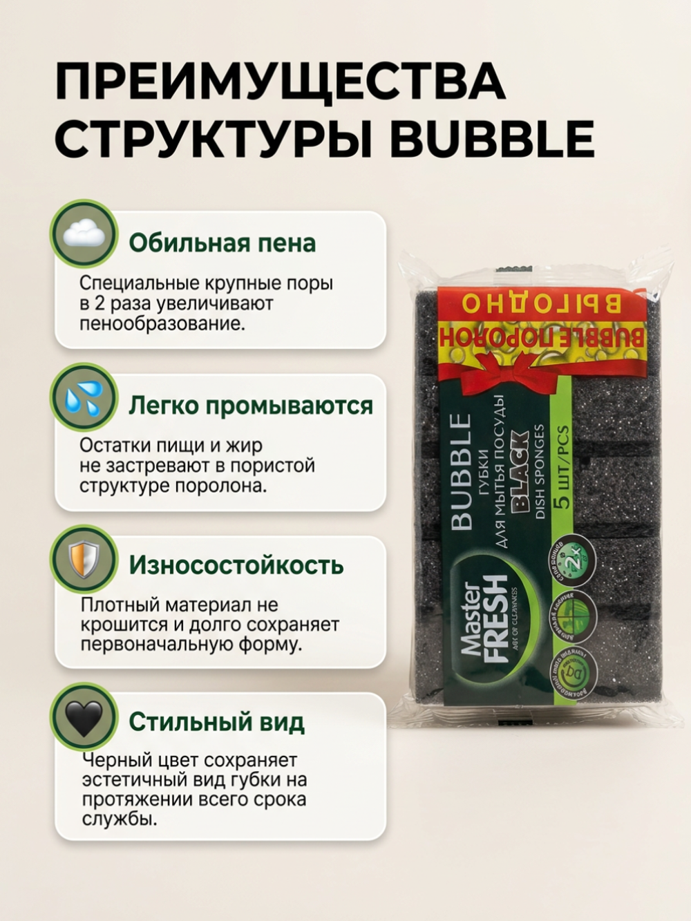 Master FRESH Губки для мытья посуды (bubble-поролон), 5шт. BLACK ВЫГОДНО