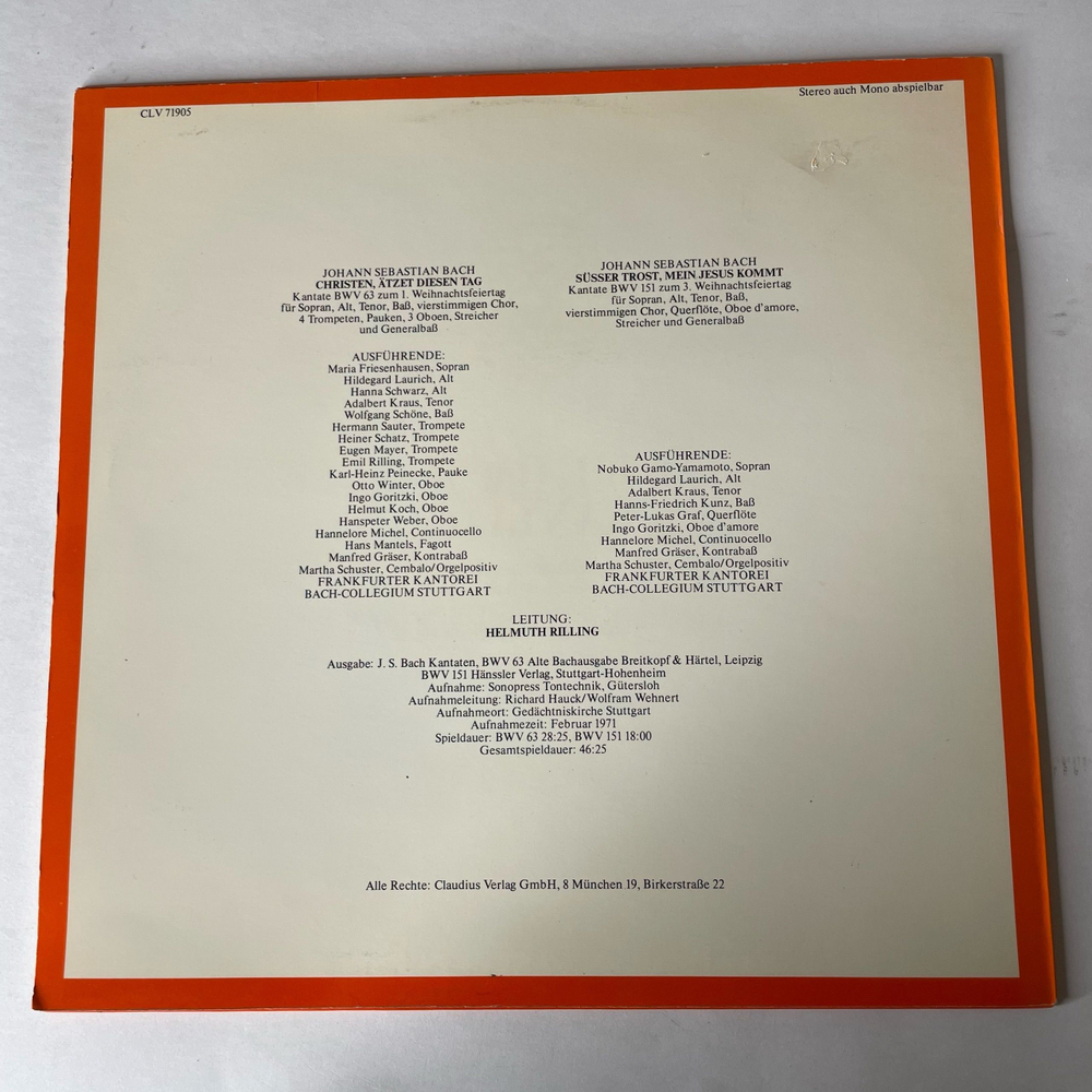 Винтажная виниловая пластинка LP Bach, Bach Ensemble Helmuth Rilling, И. С. Бах, BWV 63 Christen, Atzet Diesen Tag, BWV 151 S sser Trost, Mein Jesus Kommt (Германия 1973)