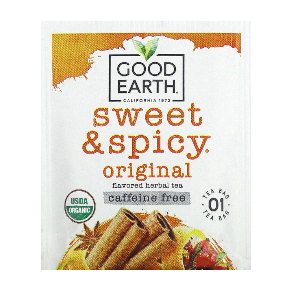 Good Earth Teas, органический травяной чай, сладкий и пряный, без кофеина, 18 чайных пакетиков, 36,9 г (1,3 унции)