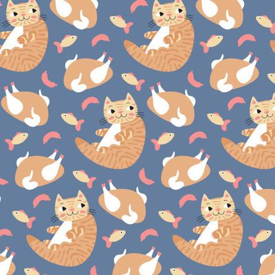 Принт толстый рыжий кот обжора. Милые зверята на синем. Полосатые котики для малышей и младенцев.