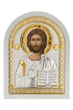 Икона Спасителя (175х225 мм, Оклад из белого дерева (бук/граб)) — арочная греческая, шелкография на сусальном золоте