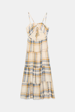 ZARA ДЛИННОЕ ПЛАТЬЕ В КЛЕТКУ, ЭКРЮ/ЖЕЛТЫЙ