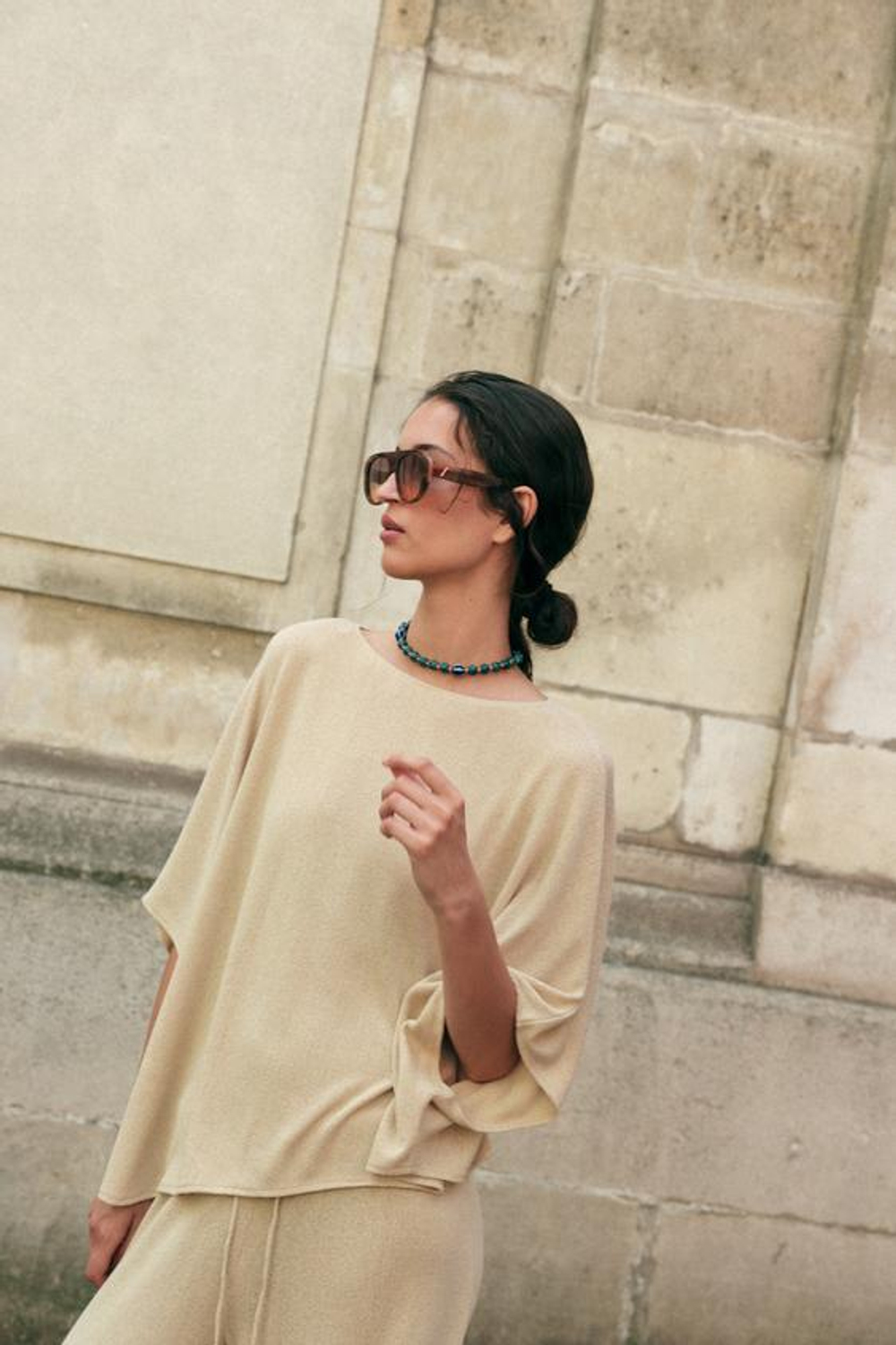ZARA ТОП В РУСТИКАЛЬНОМ СТИЛЕ С КОРОТКИМИ РУКАВАМИ, СВЕТЛО-БЕЖЕВЫЙ