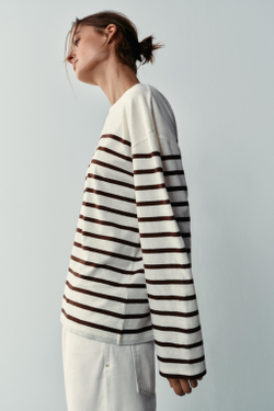 ZARA ХЛОПКОВАЯ ФУТБОЛКА В ПОЛОСКУ ИЗ ЛЬНА, ЭКРЮ/КОРИЧНЕВЫЙ