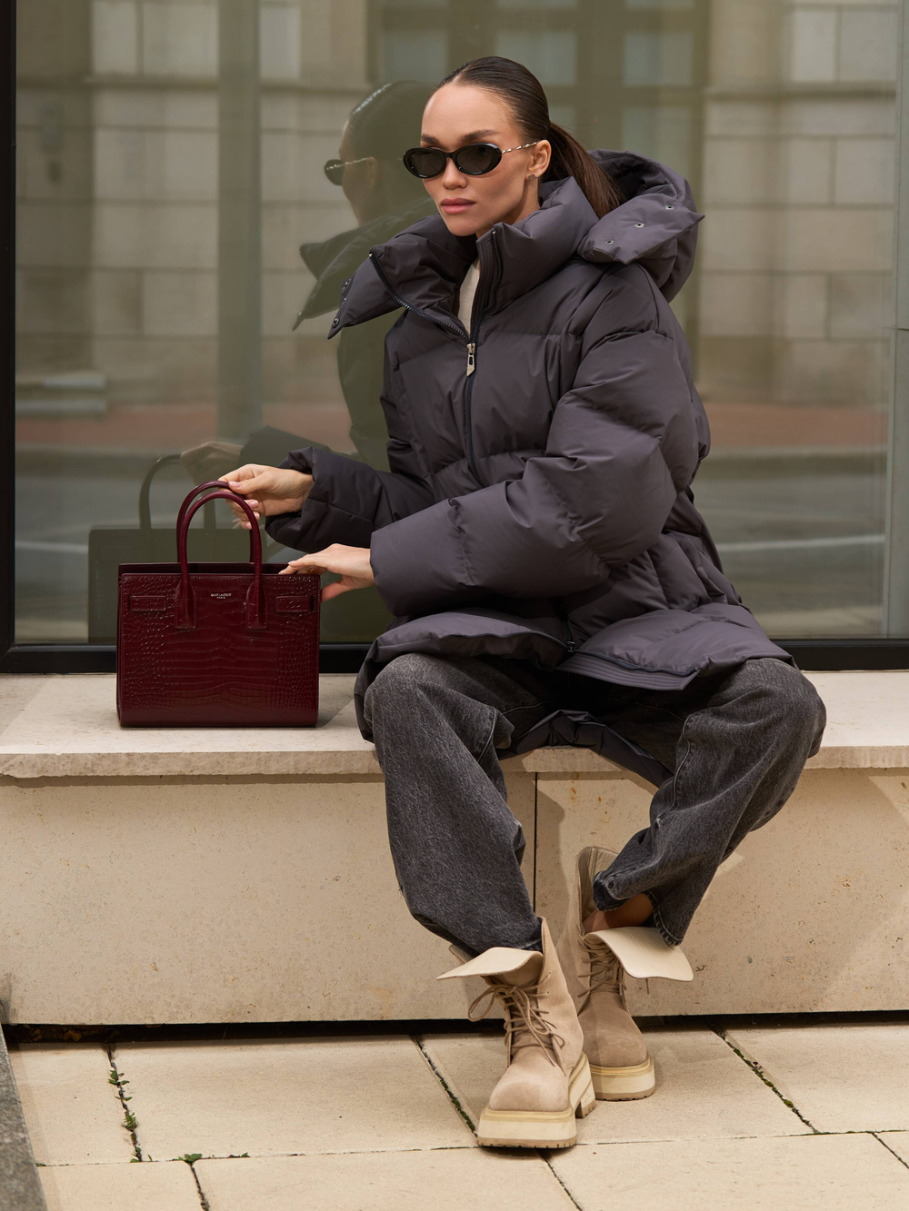 Пуховик средней длины с поясом Dark Grey