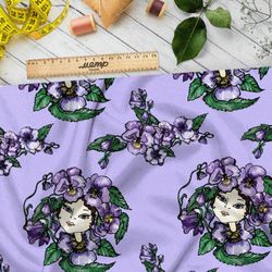 Ткань флис девушка с венком фиолетовых цветов