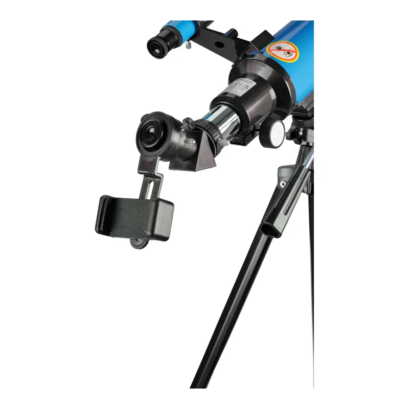 Телескоп BRESSER JUNIOR 70/400 в синем рюкзаке (8850610WXH000) - крупный план окуляра и держателя смартфона