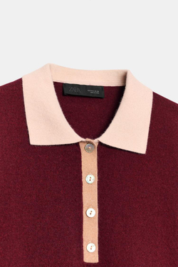 ZARA КОМБИНИРОВАННОЕ ТРИКОТАЖНОЕ ПОЛО, ГРАНАТОВЫЙ