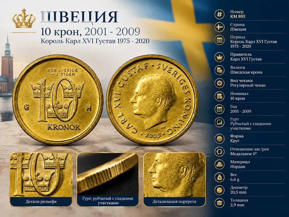 Швеция 10 крон, 2003 Король Карл XVI Густав XF