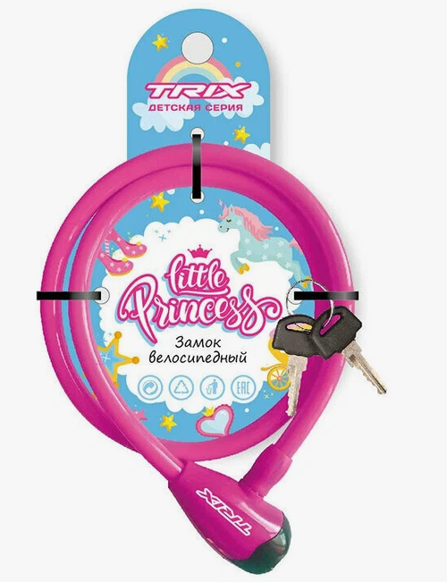Замок противоугонный TRIX Little Princess детский, трос стальной, с ключами 12х800мм, в пластиковой оболочке, розовый