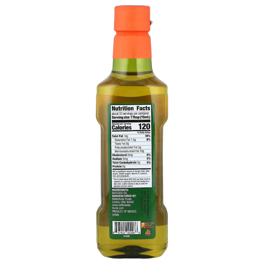 BetterBody Foods, рафинированное масло авокадо, 500 мл (16,9 жидк. унции)