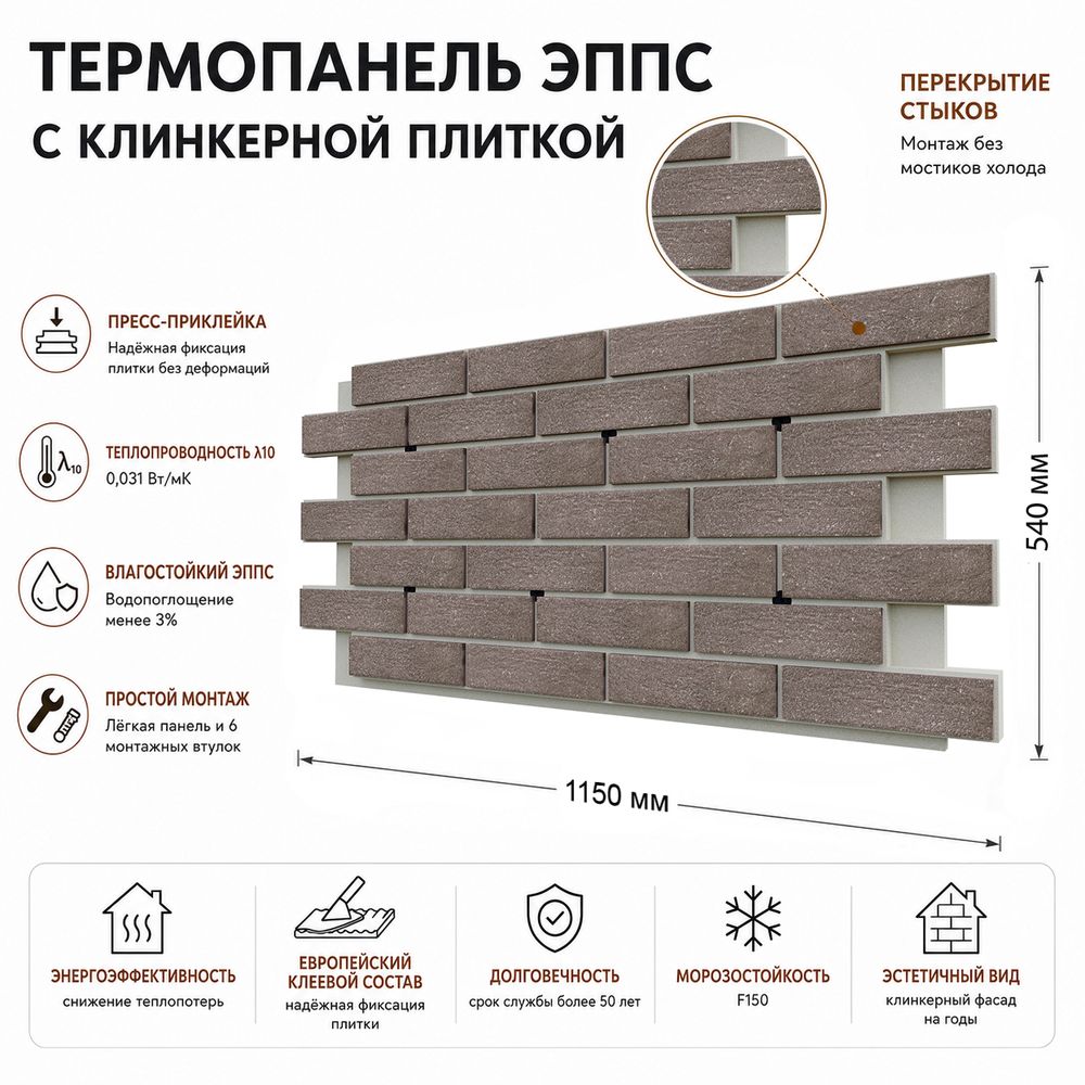Клинкерная фасадная термопанель ЭППС Береза Керамика Крете Коричневый 1150x540