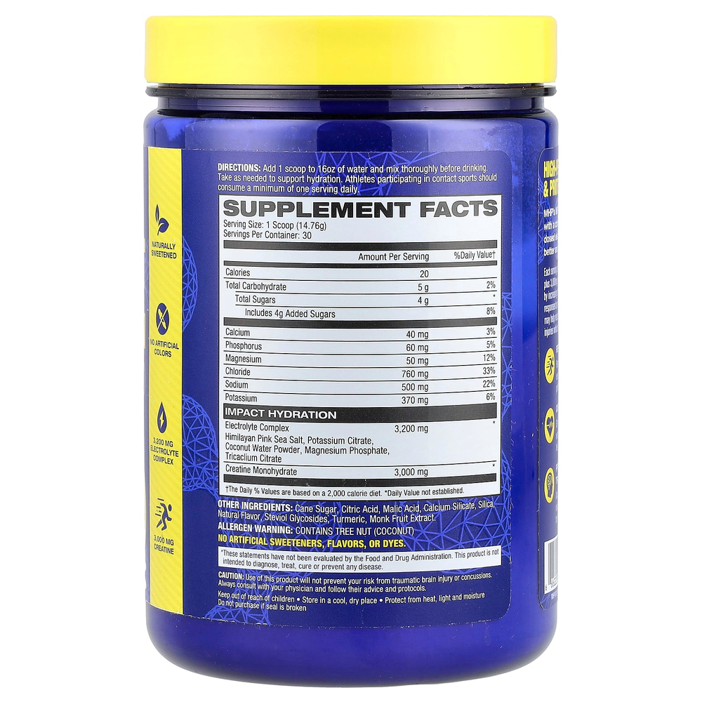 MHP, Impact Hydration, электролиты и креатин, лимон и лайм, 15,6 унции (0,98 фунта)