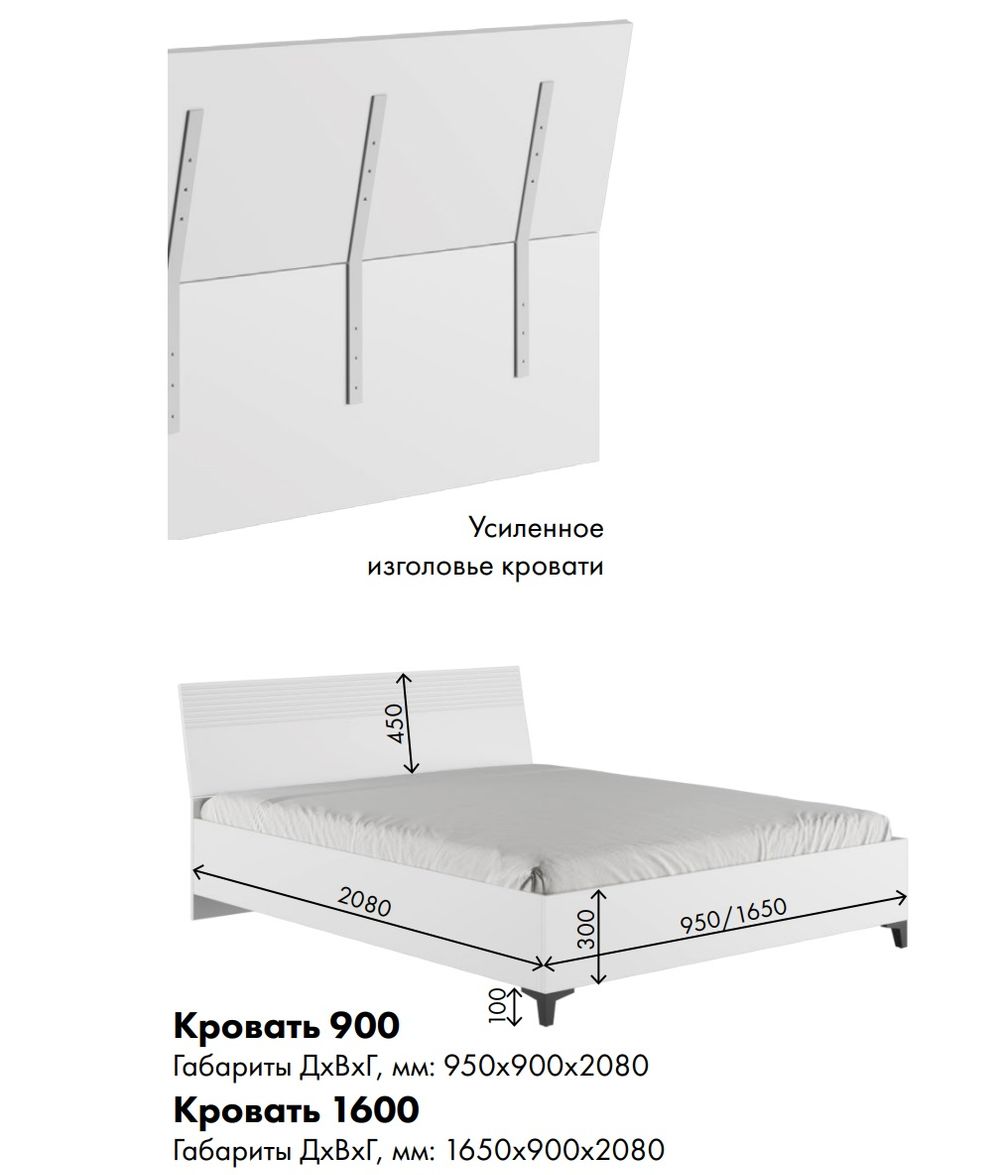 МС Ника Кровать 900 с осн. дсп 950*2080*900 (мдф белый мат / лдсп белый)