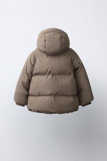 ZARA СТЕГАНОЕ ПАЛЬТО С КАПЮШОНОМ WATER REPELLENT, СЕРОВАТО-КОРИЧНЕВЫЙ