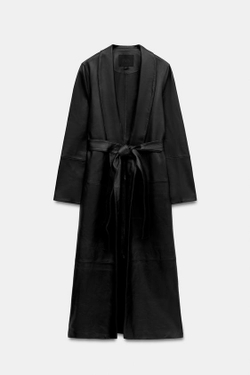 ZARA ДЛИННОЕ ПАЛЬТО ИЗ 100% КОЖИ С ПОЯСОМ — ZW COLLECTION, СИНИЙ/ЧЕРНЫЙ