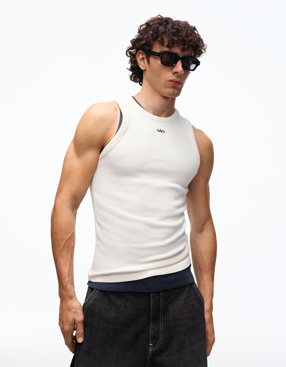 Мужская майка из вафельной ткани с принтом, арт. 0076/134 - BERSHKA