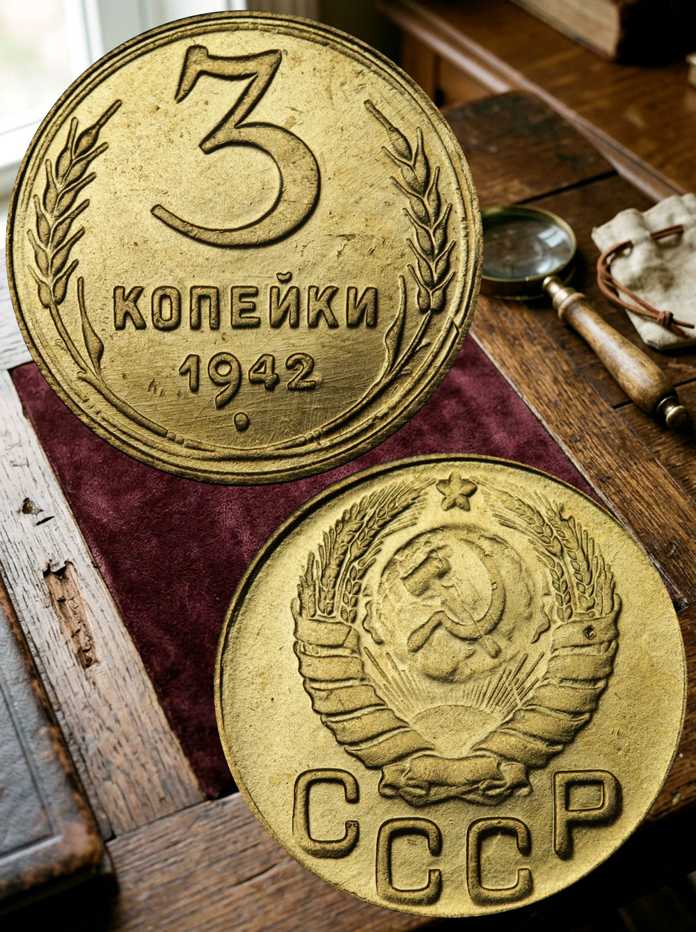 3 копейки 1942 года СССР. Советский Союз. Погодовка. Советы. Копия редкой монеты бронза