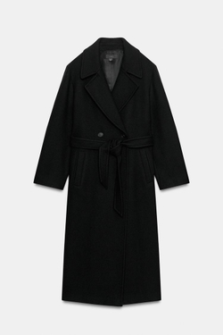 ZARA ДЛИННОЕ ШЕРСТЯНОЕ ПАЛЬТО С ПОЯСОМ, ЧЕРНЫЙ