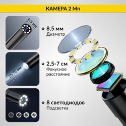Эндоскоп промышленный, экран 4.3", 2Мп, 1м, 8.5мм зонд iCartool IC-VC81