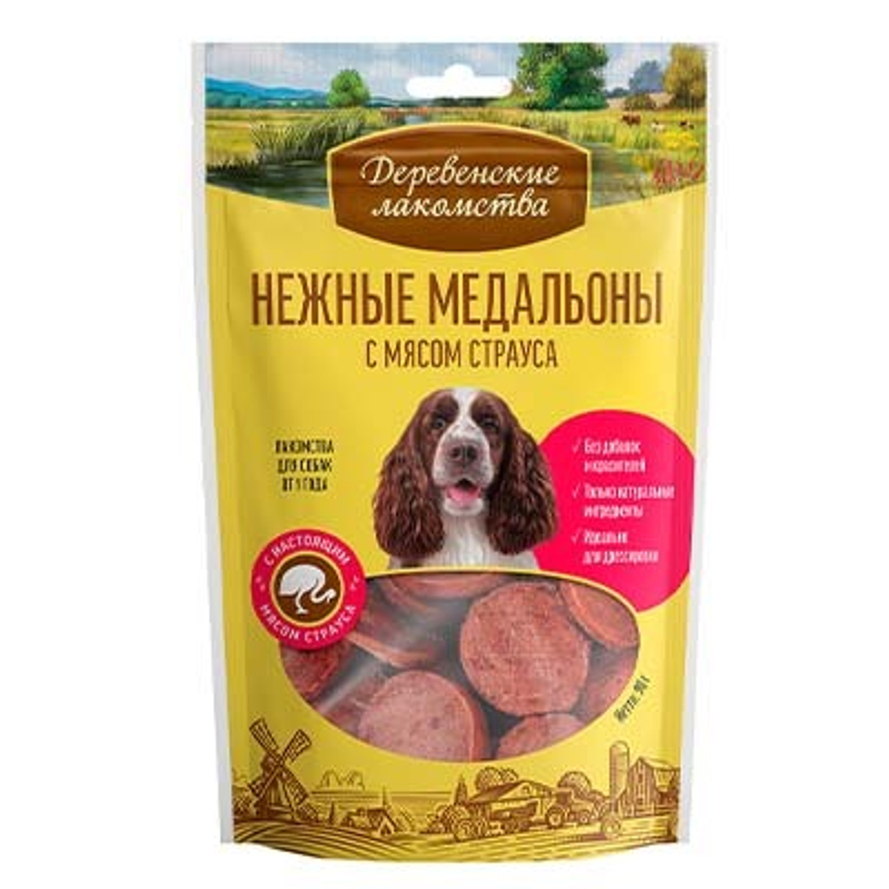 Деревенские Лакомства д/собак Медальоны с мясом Страуса, 90гр