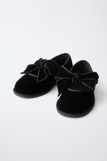ZARA БАРХАТНЫЕ БАЛЕТКИ С БАНТОМ, ЧЕРНЫЙ
