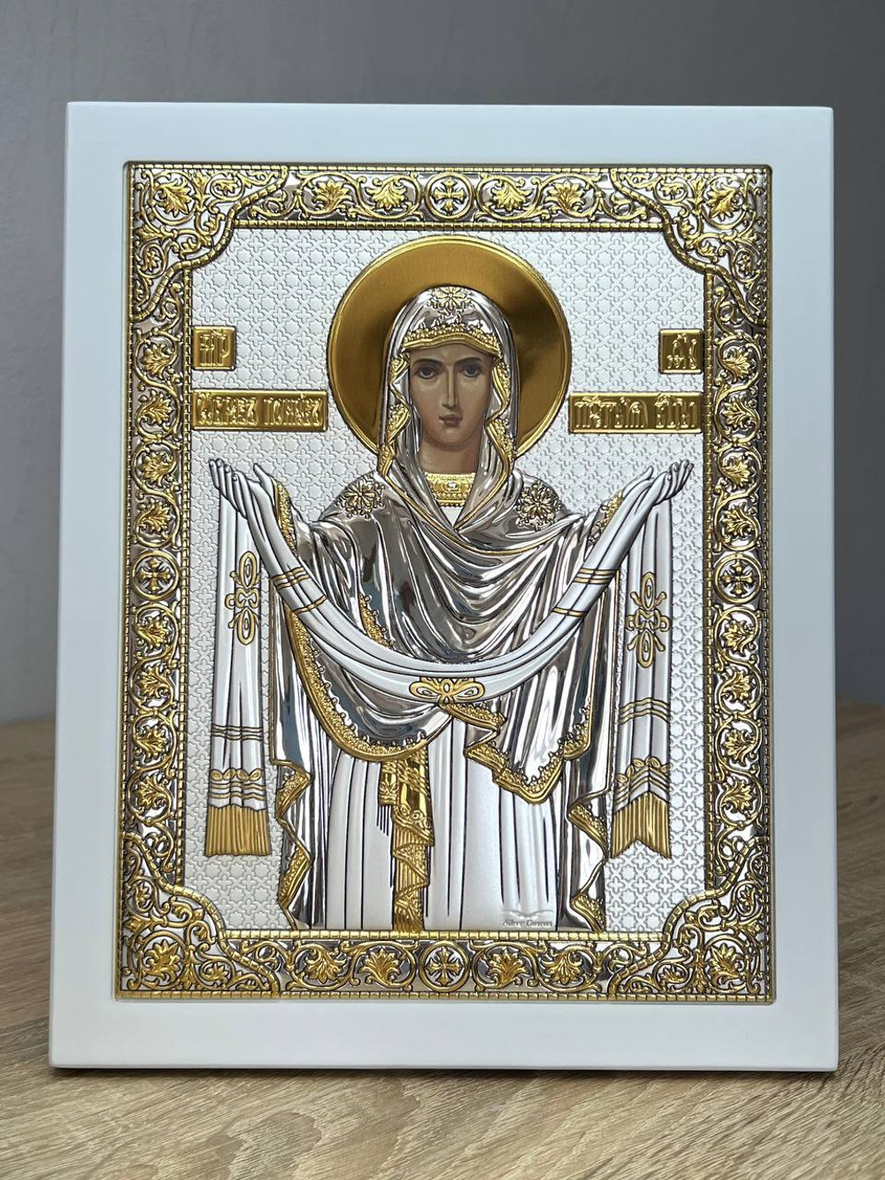 Покрова БМ, икона прямоугольная с рамкой, белое дерево 150х190