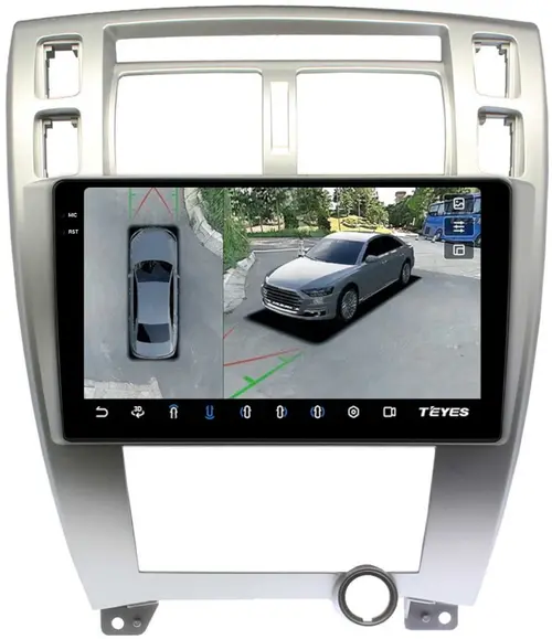 Магнитола для Hyundai Tucson 1 2004-2009 (рамка серебро) - Teyes CC3-2K-360 монитор 10.36" 2K QLED на Android 10, Быстрая, CarPlay, 4G SIM-слот, 4 камеры в комплекте