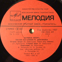 Виниловая пластинка Сборник Ночное Метро. Песни На Стихи Н. Зиновьева LP Мелодия