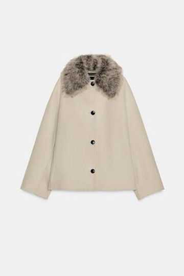 ZARA КУРТКА ИЗ ШЕРСТИ С ВОРОТНИКОМ ИЗ ИСКУССТВЕННОГО МЕХА — ZW COLLECTION, БЕЖЕВЫЙ