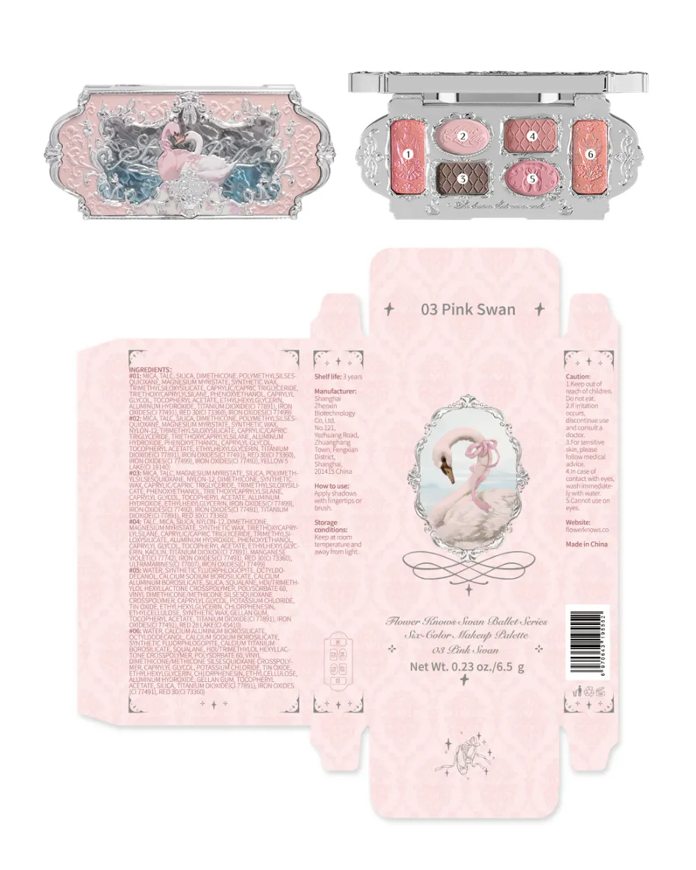 Палетка теней Flower Knows Swan Ballet 6-Color Makeup Palette – 03 Pink Swan