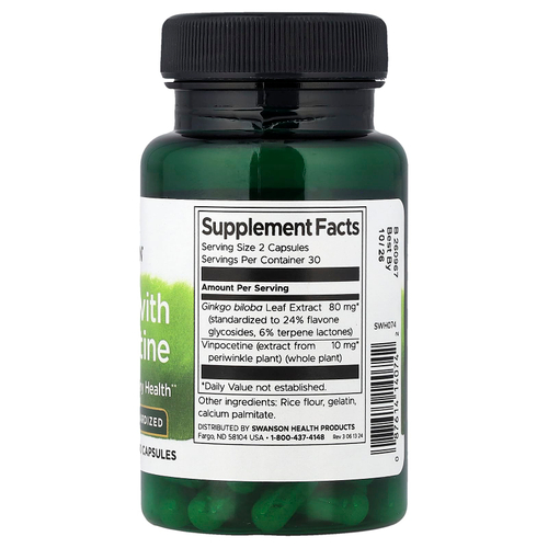 Swanson Vitamins, гинкго с винпоцетином, стандартизированное, 60 капсул