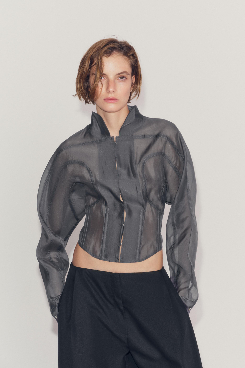 ZARA РУБАШКА-КОРСЕТ ZW COLLECTION, ТЕМНО-СЕРЫЙ