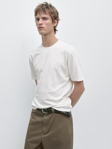 Massimo Dutti Хлопковая футболка с коротким рукавом, кремовый