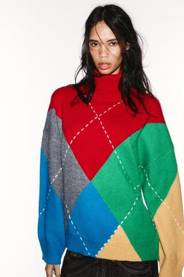 ZARA СВИТЕР ОВЕРСАЙЗ С УЗОРОМ «РОМБЫ», РАЗНОЦВЕТНЫЙ