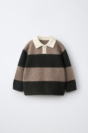 ZARA СВИТЕР С ВОРОТНИКОМ ПОЛО SOFT TOUCH В ПОЛОСКУ, КОРИЧНЕВЫЙ/ЗЕЛЕНЫЙ