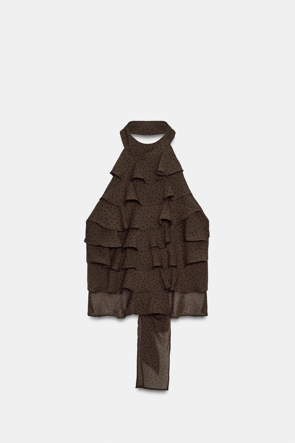 ZARA ТОП ИЗ ЖОРЖЕТА С ГОРЛОВИНОЙ ХАЛТЕР, КОРИЧНЕВЫЙ/ЭКРЮ