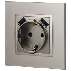 Розетка ЭРА Elegance 14-4109-16 2P+E 16A-250В штор. с 2xUSB 5В-3А титан | Розетки и выключатели