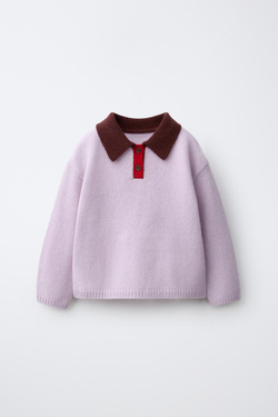 ZARA ТРИКОТАЖНОЕ ПОЛО COLORBLOCK ИЗ 100% ШЕРСТИ, СВЕТЛО-СИРЕНЕВЫЙ