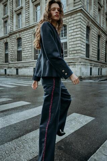ZARA БРЮКИ ПРЯМОГО КРОЯ С ТЕСЬМОЙ, СИНИЙ