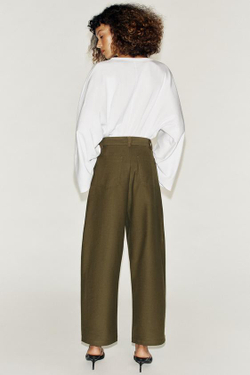 ZARA БРЮКИ БАРРЕЛЬ, ТЕМНЫЙ ХАКИ