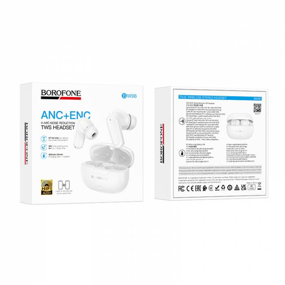 Беспроводные наушники Borofone BW96 с ANC+ENC шумоподавлением (white)